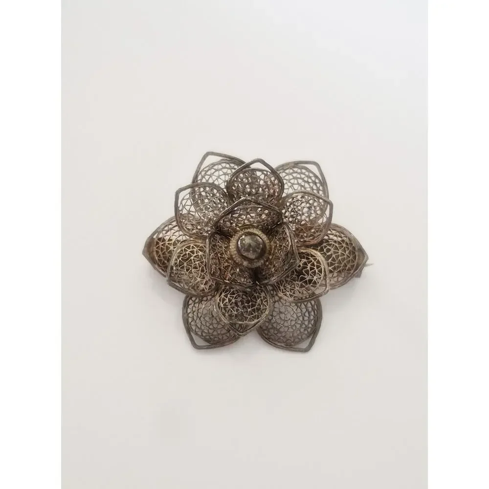Vintage Filigree Silver-tone Flower Brooch